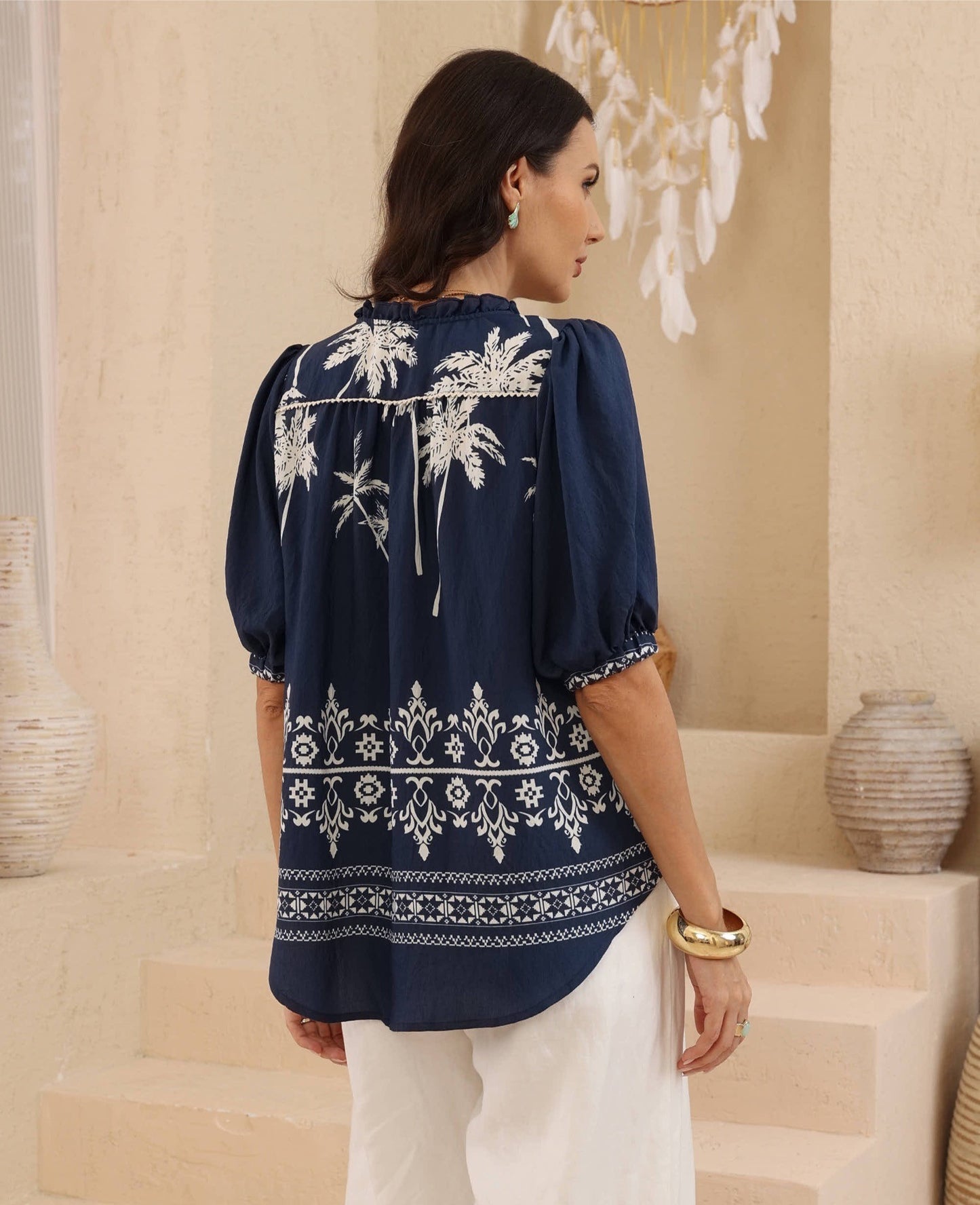 Adele Top - Navy Palm Print