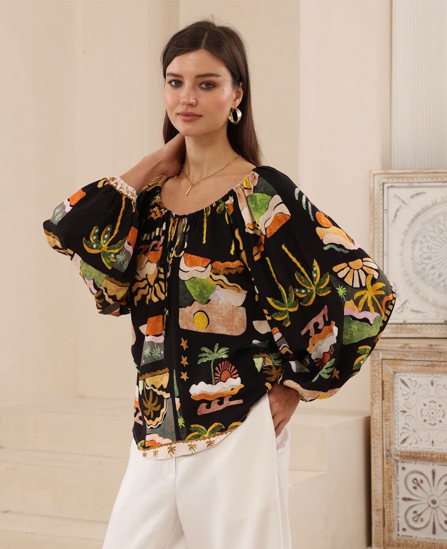 Hendrix Top - Black Tropical Print