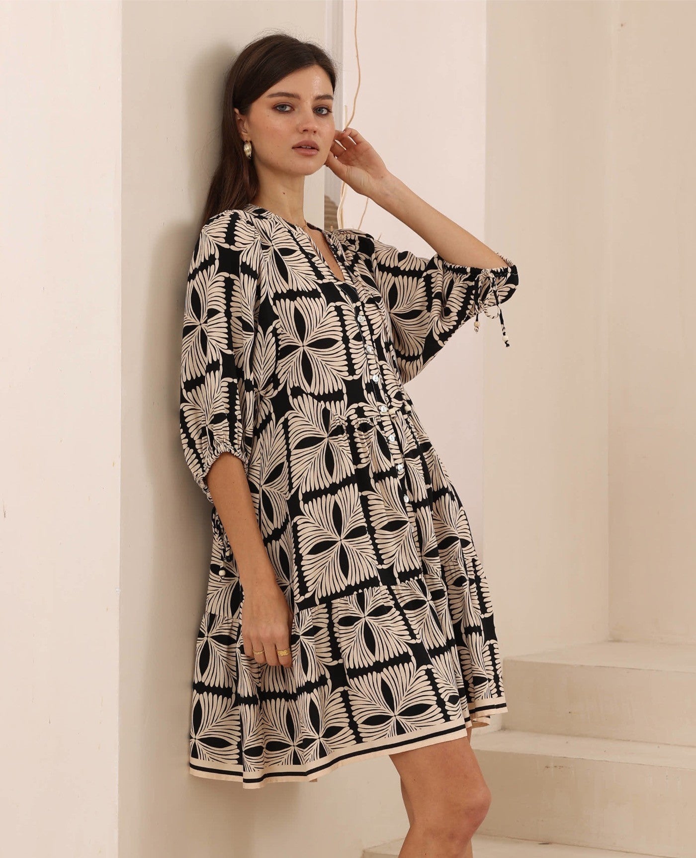 Marcia Babydoll Dress - Black/Beige