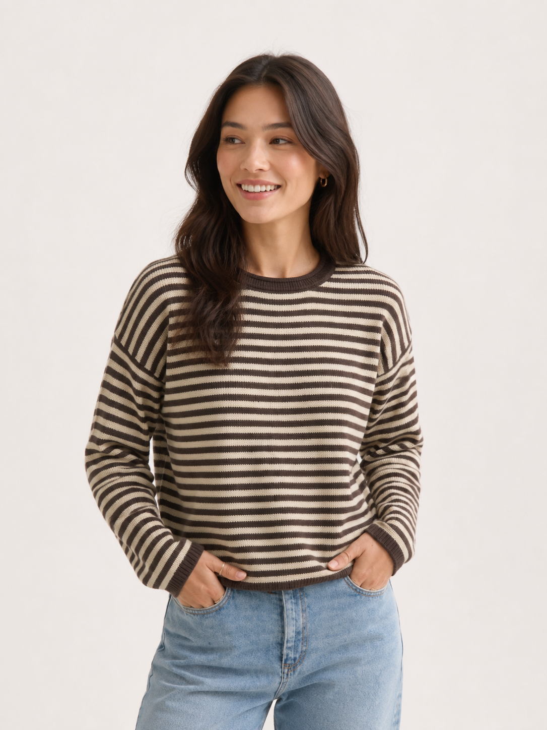Stacey Crop Knit Jumper - Chocolate/Beige