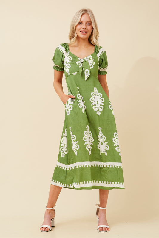 Alanah Midi Dress - Green Print