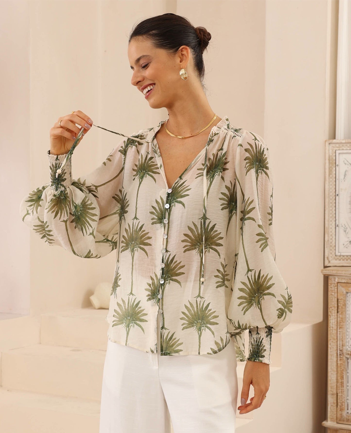 Ally Long Sleeve Top - Palm Print
