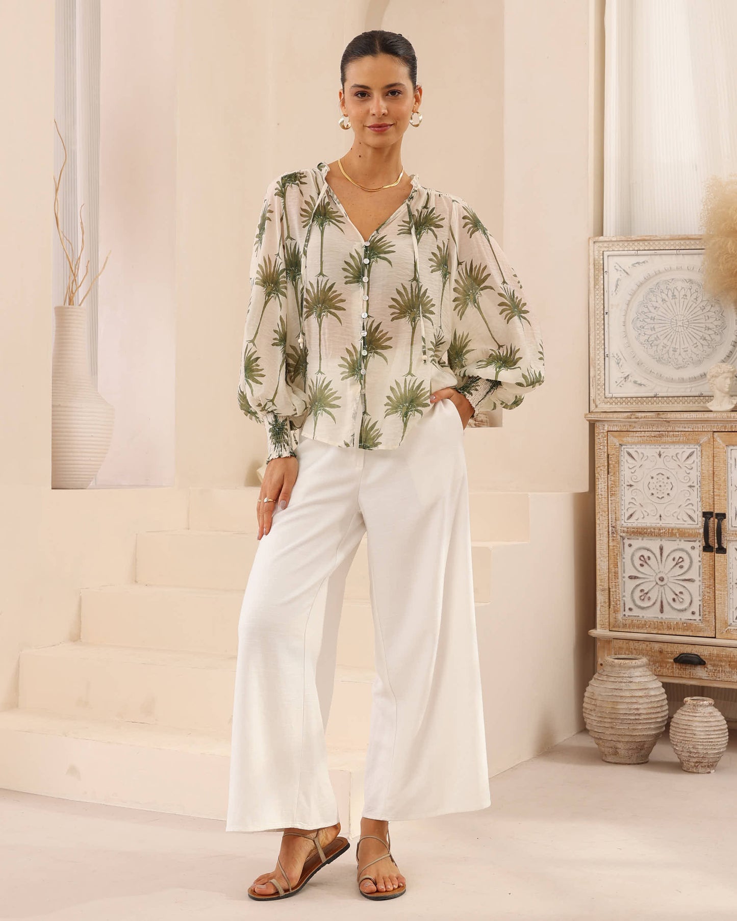 Ally Long Sleeve Top - Palm Print