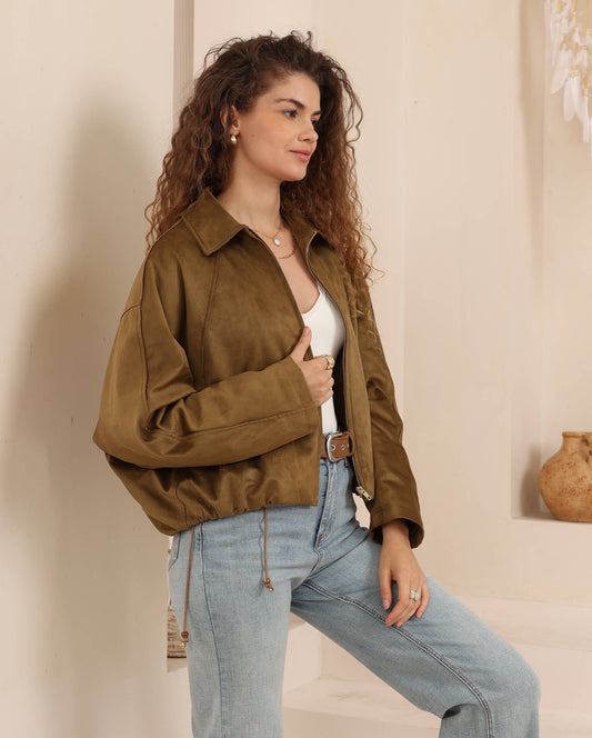 Blair Faux Suede Bomber Jacket - Tan