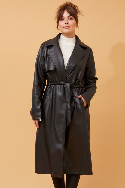 Sienna Faux Leather Trench Coat - Black