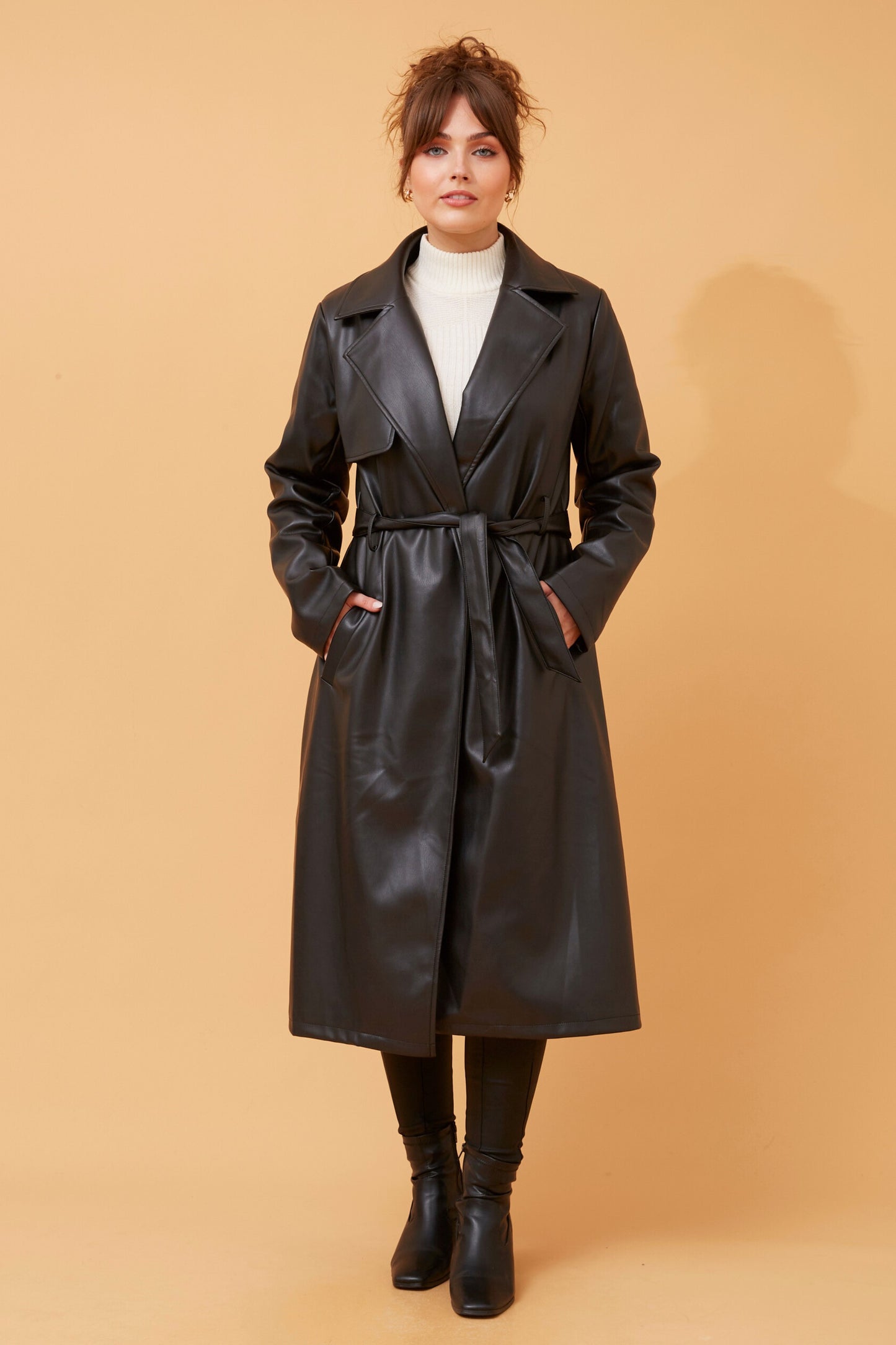 Sienna Faux Leather Trench Coat - Black