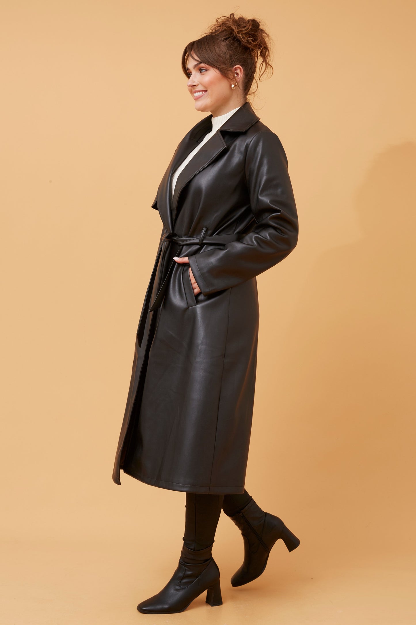 Sienna Faux Leather Trench Coat - Black