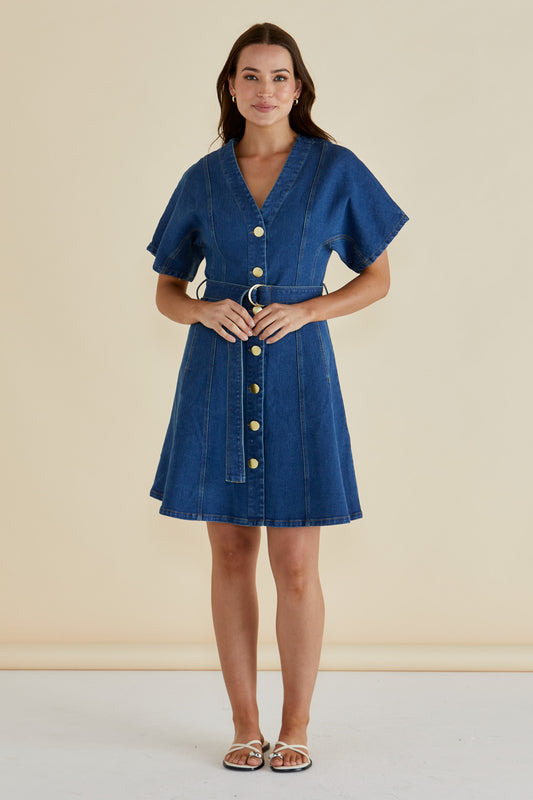 Fiori Denim Dress - Mid Wash Blue