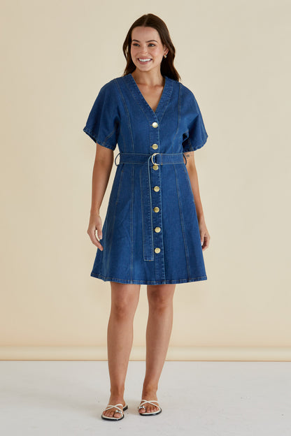 Fiori Denim Dress - Mid Wash Blue