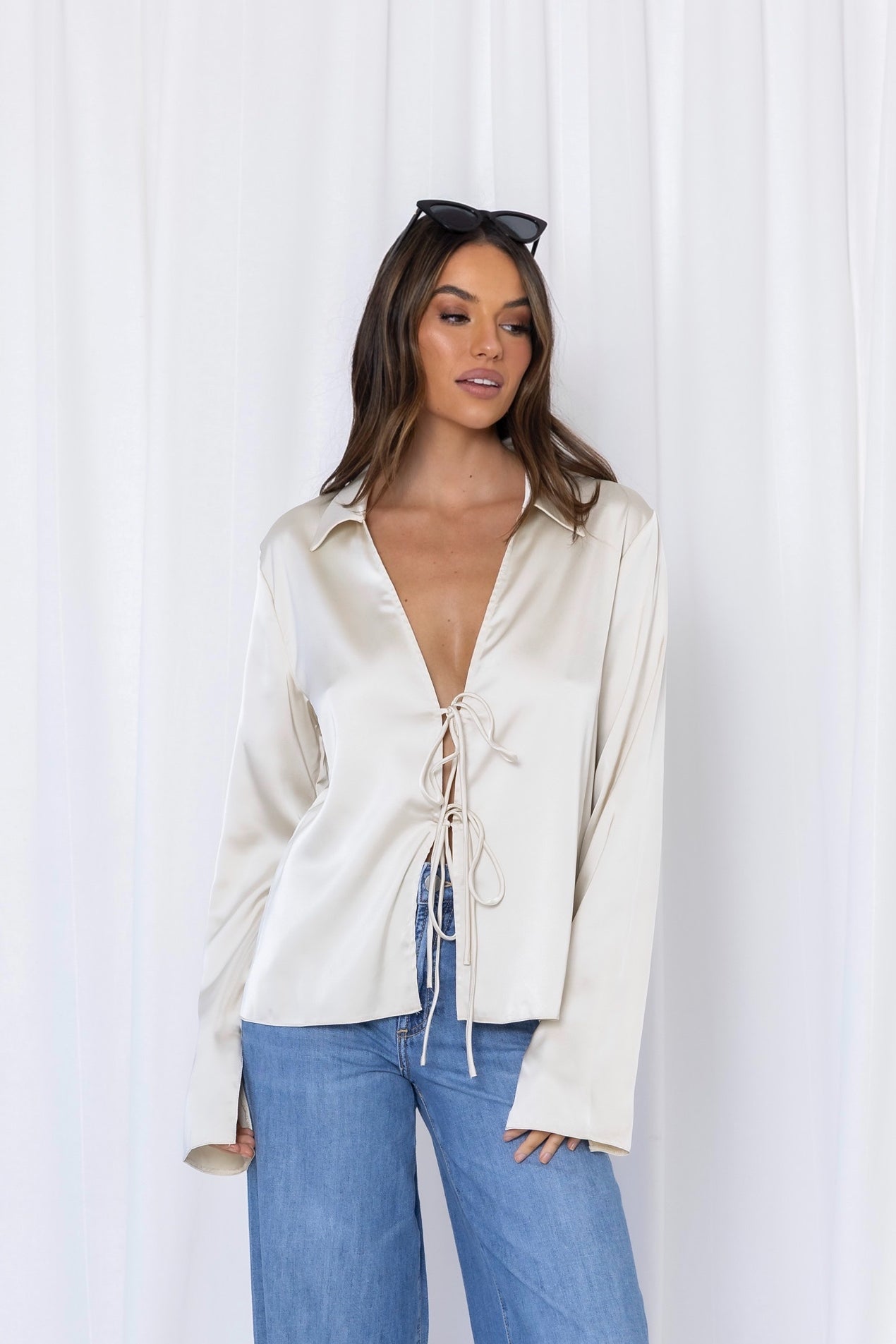 Gigi Satin Tie Front Top - Ivory
