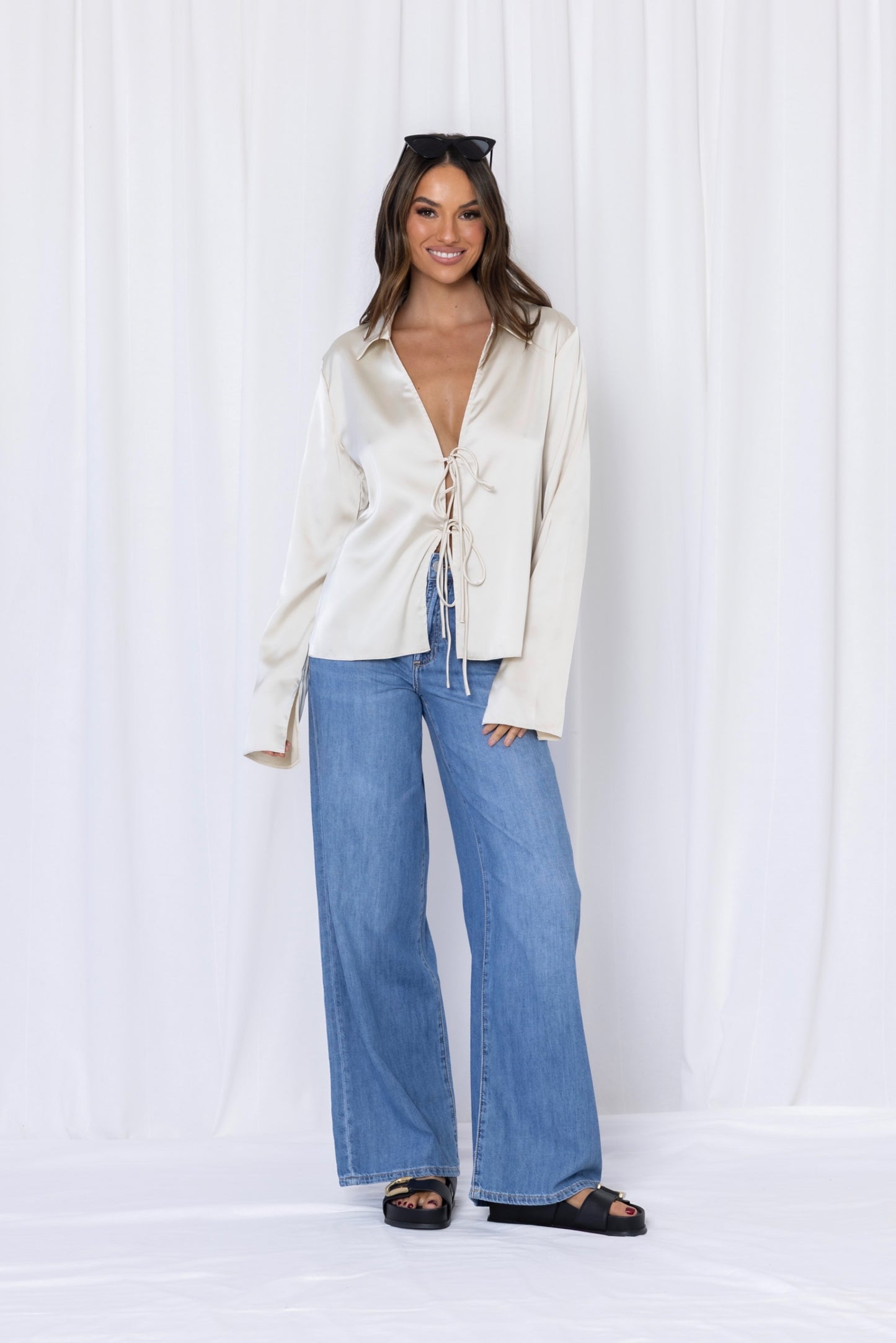 Gigi Satin Tie Front Top - Ivory