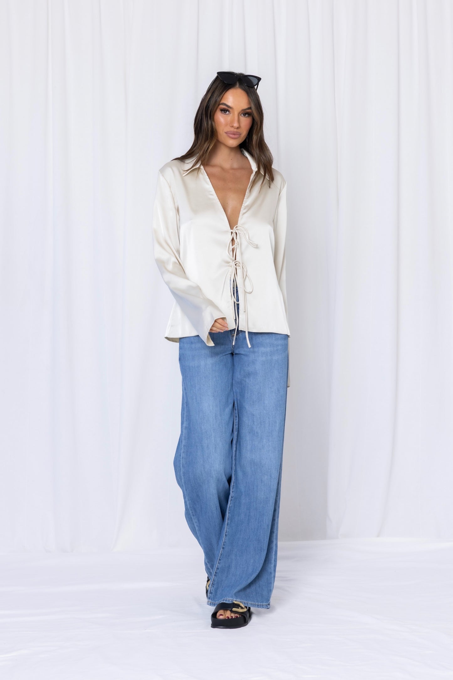 Gigi Satin Tie Front Top - Ivory