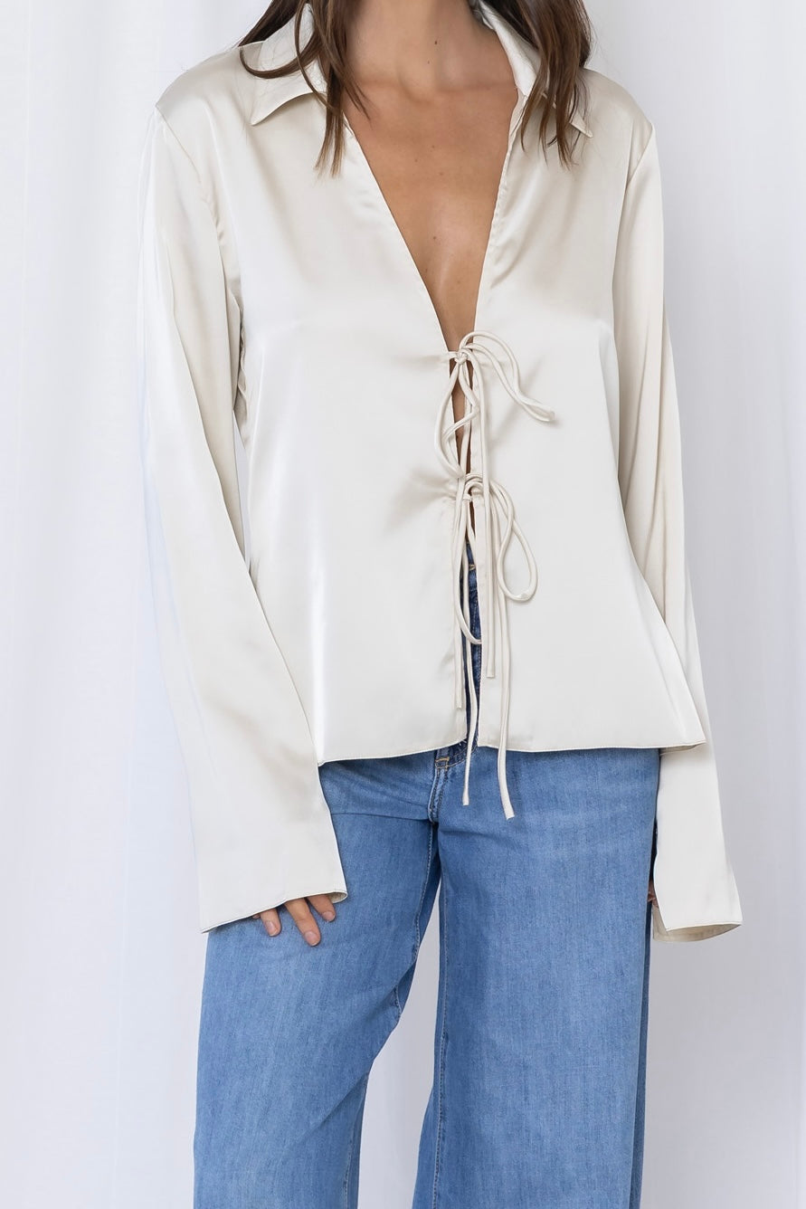 Gigi Satin Tie Front Top - Ivory