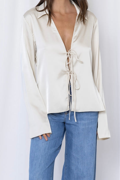 Gigi Satin Tie Front Top - Ivory