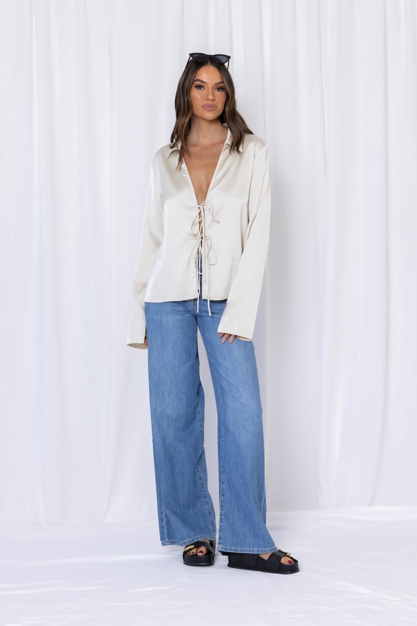 Gigi Satin Tie Front Top - Ivory