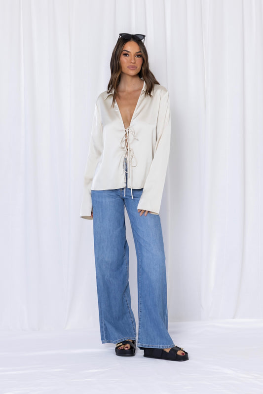 Gigi Satin Tie Front Top - Ivory