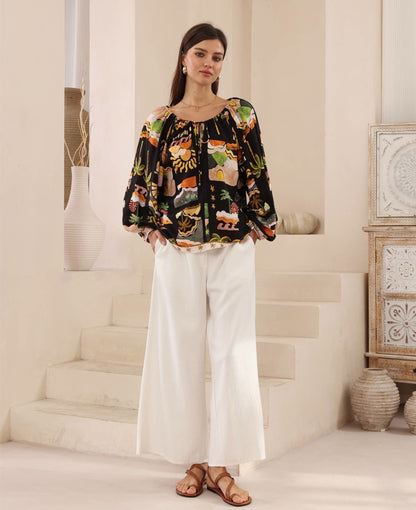 Hendrix Top - Black Tropical Print