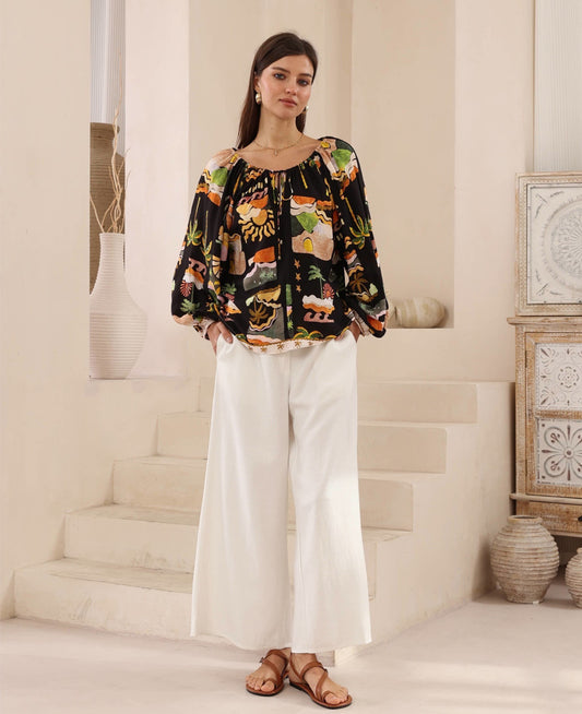 Hendrix Top - Black Tropical Print