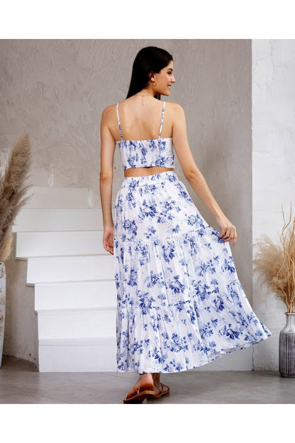 Hollie Crop Top - White/Blue Print