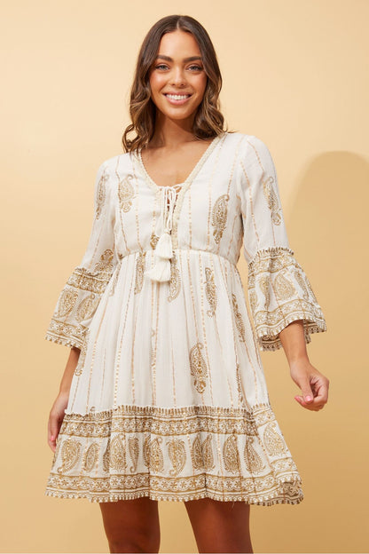 Indie Lurex Dress - Beige Gold Print