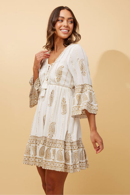 Indie Lurex Dress - Beige Gold Print