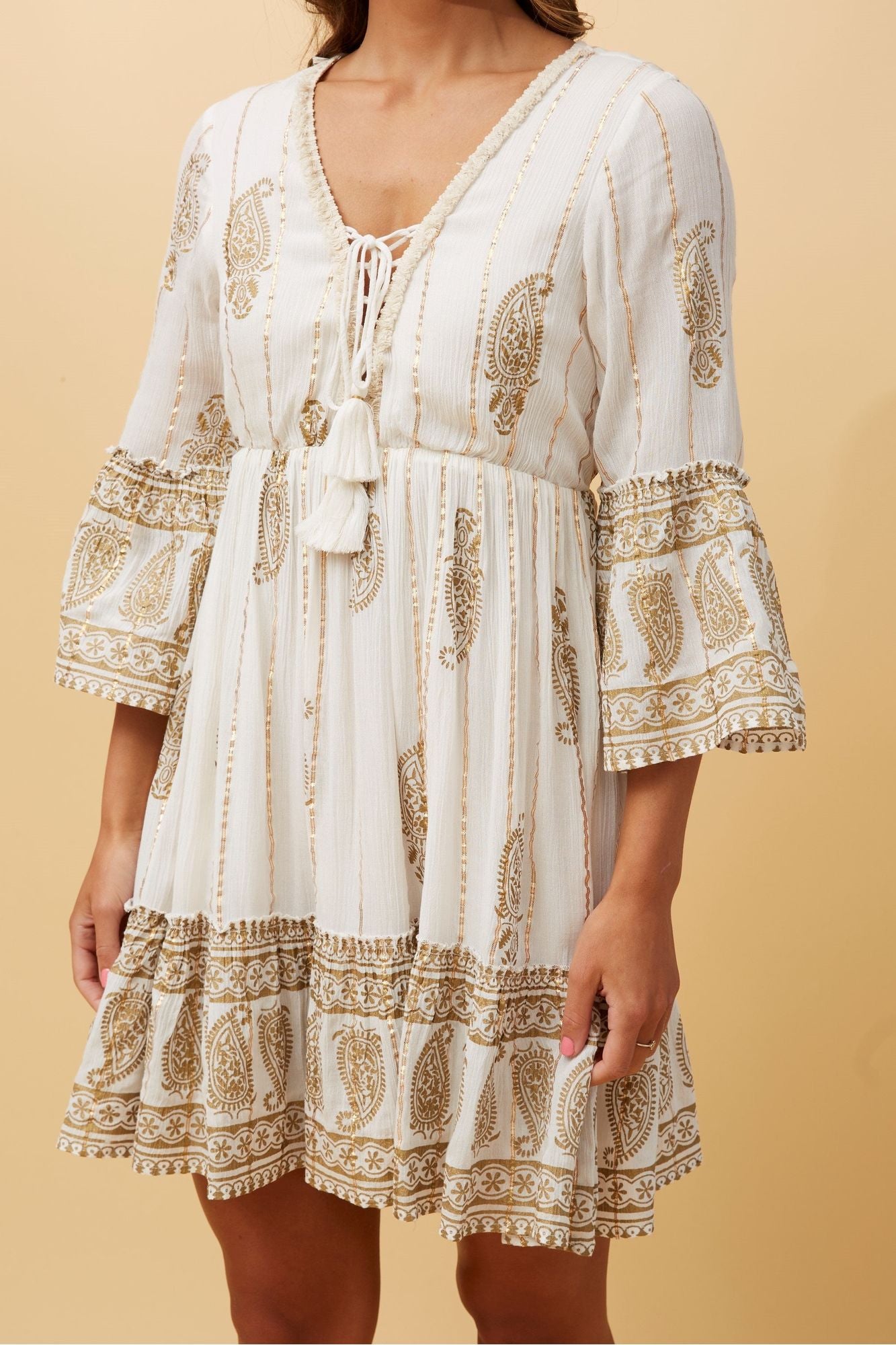 Indie Lurex Dress - Beige Gold Print