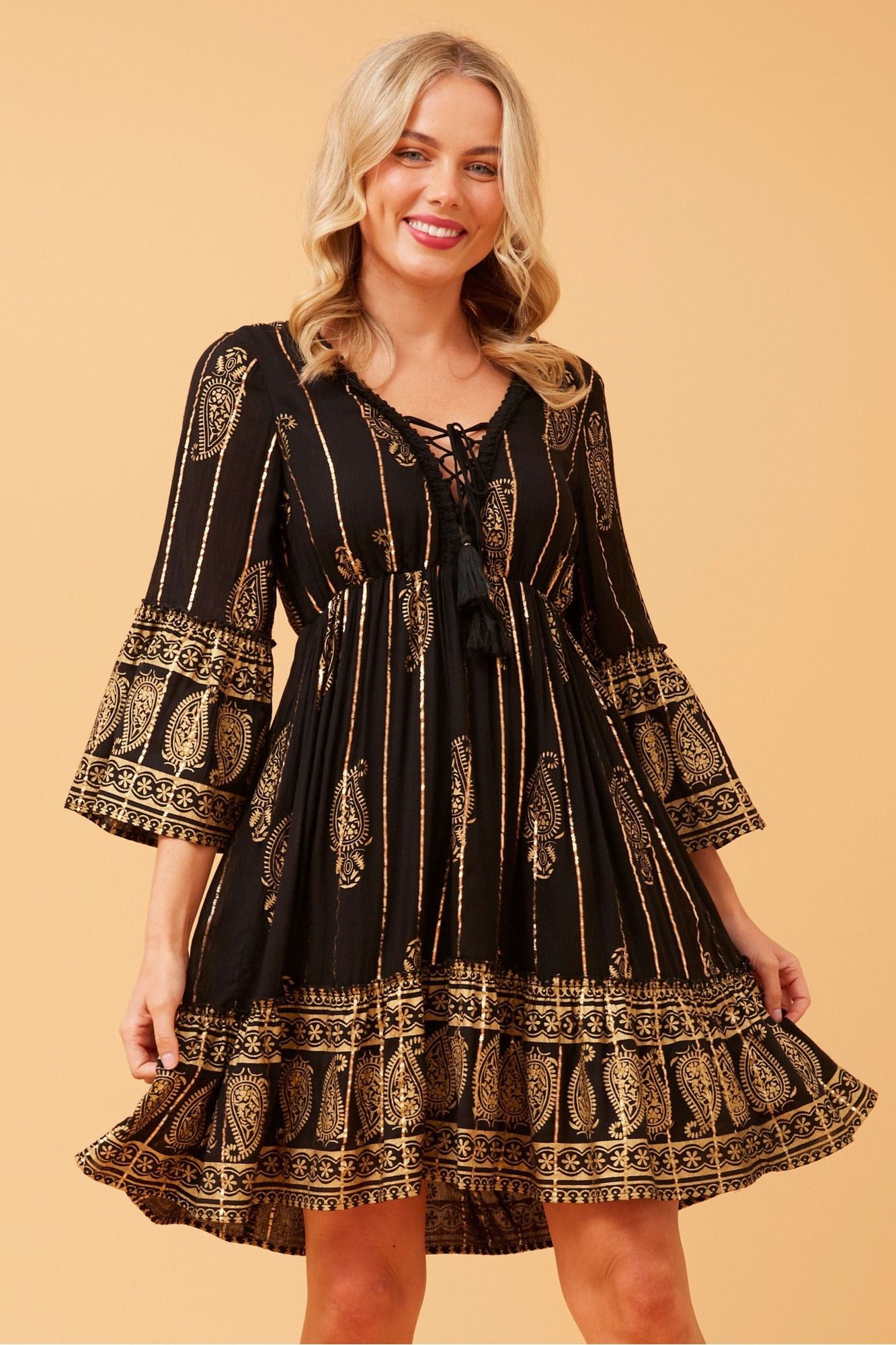 Indie Lurex Dress - Black Gold Print