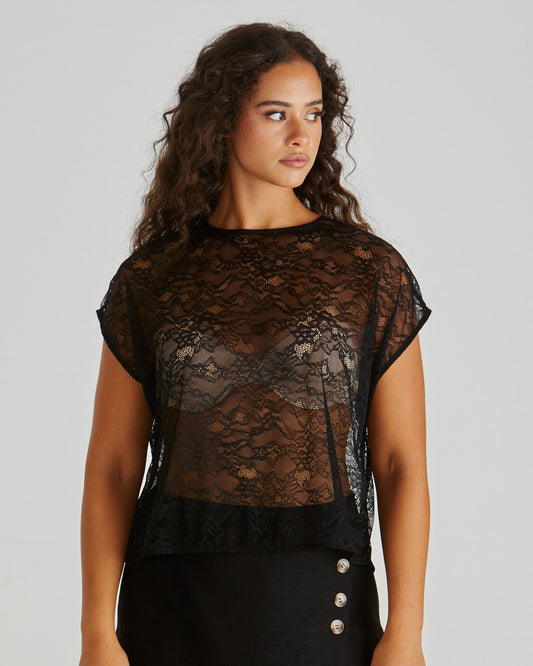Liam Lace Button Back Tank -Black