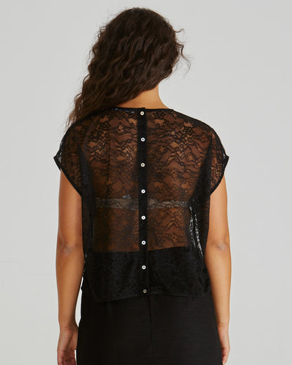 Liam Lace Button Back Tank -Black