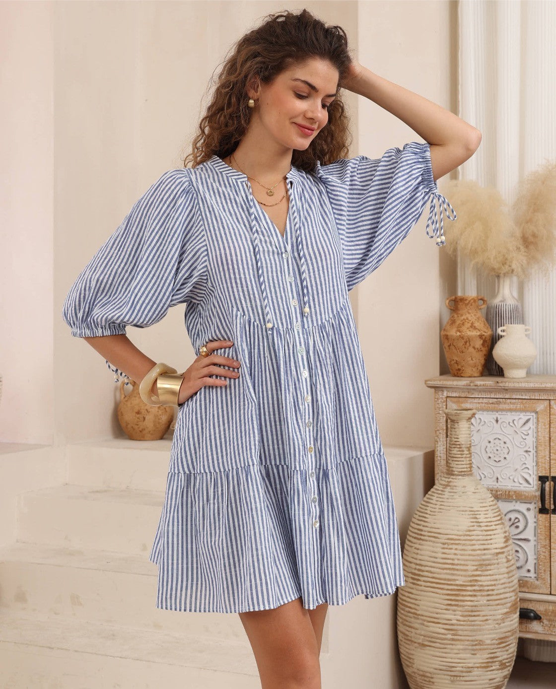 Marcia Babydoll Dress - Blue Stripe