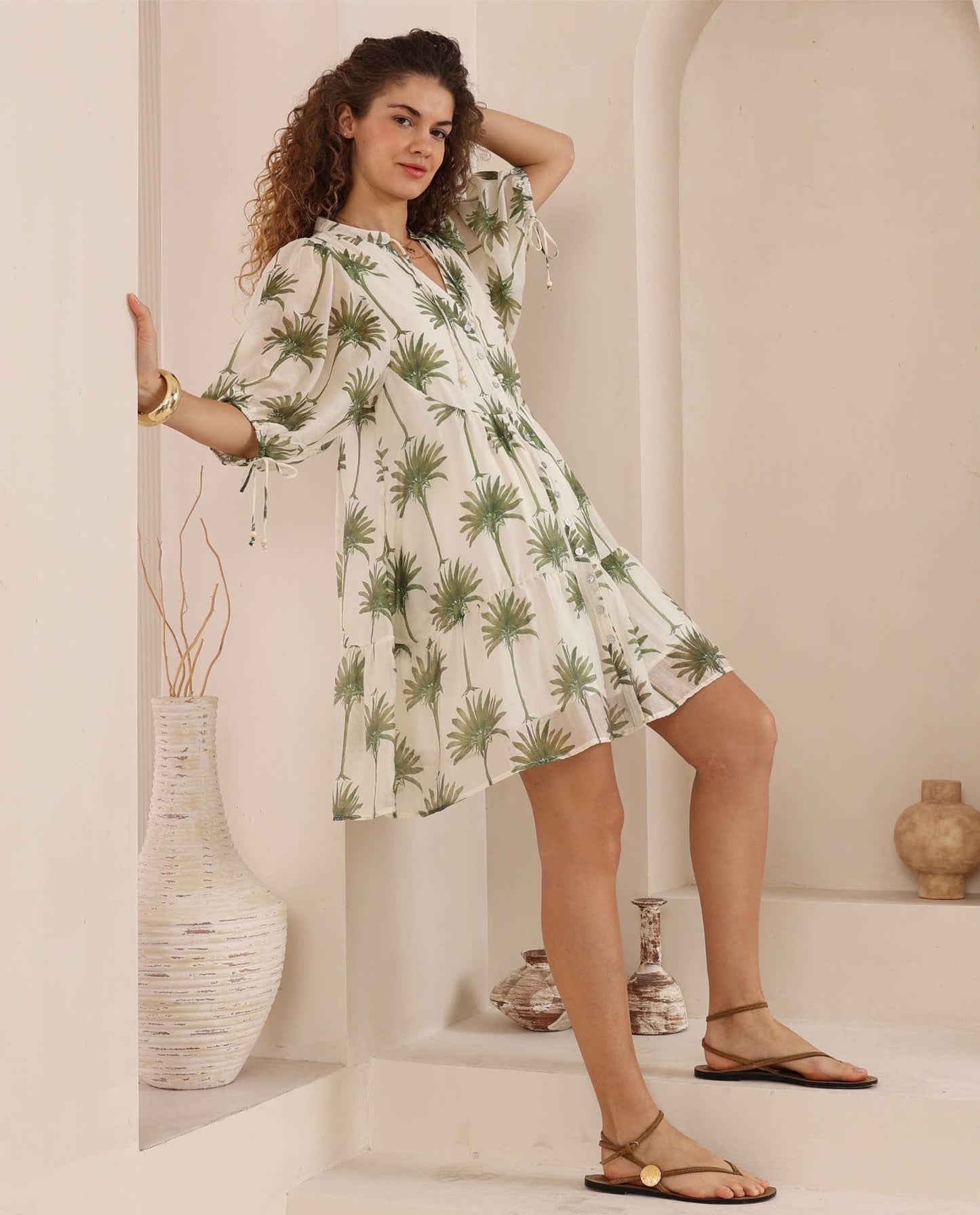 Marcia Babydoll Dress - Green Palm print