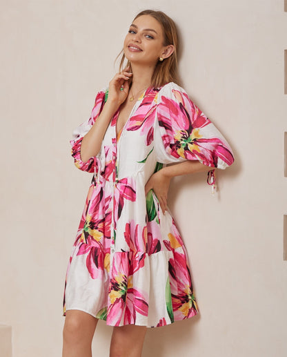 Marcia Babydoll Dress - Pink Tropical Print