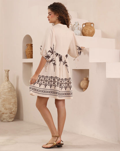Marcia Babydoll Dress - Beige Palm Print