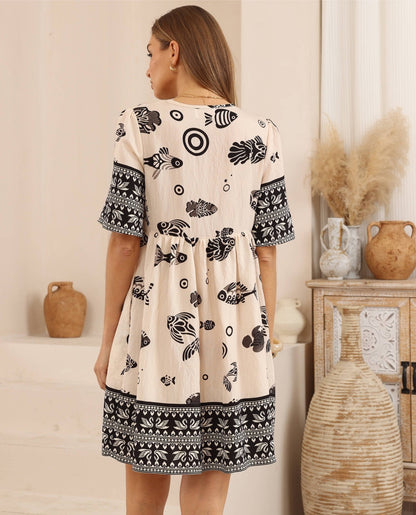 Maritime Babydoll Dress - Black/Beige