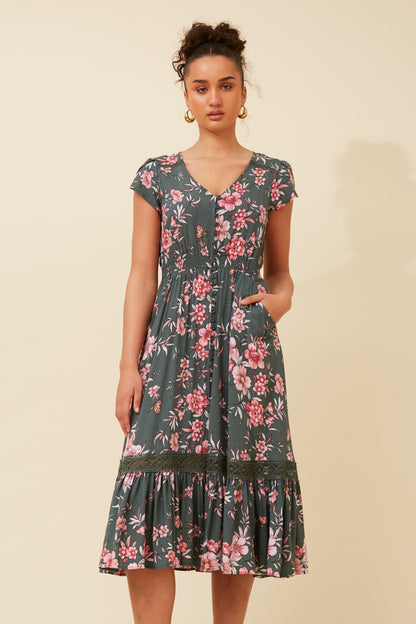 Melanie Midi Dress - Green Ash Print