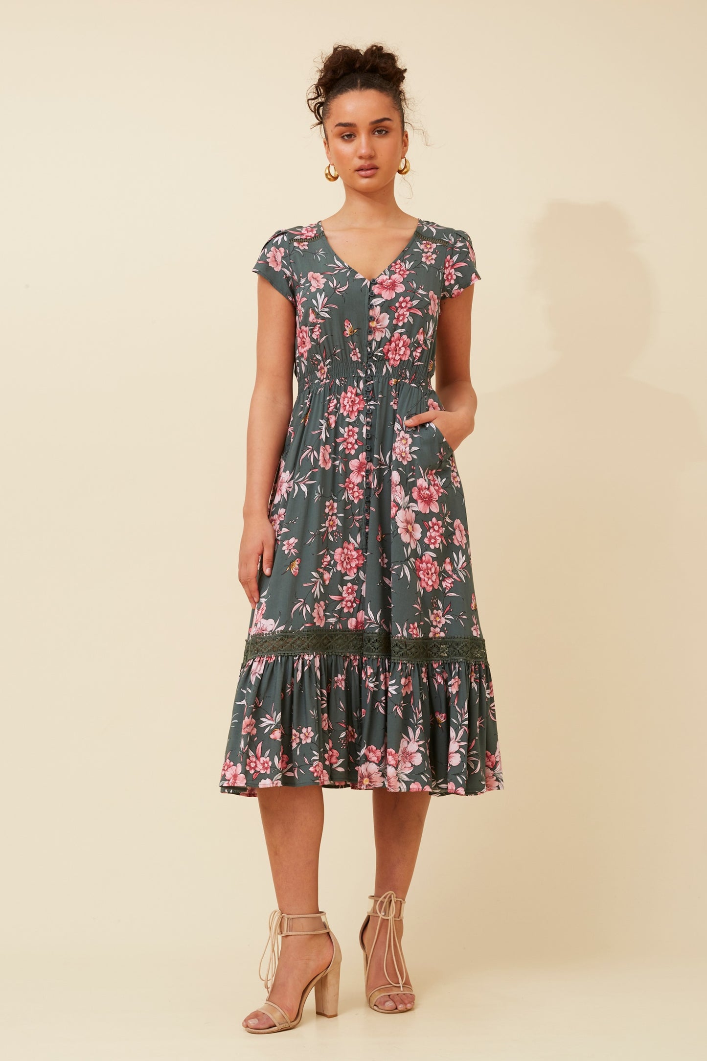Melanie Midi Dress - Green Ash Print