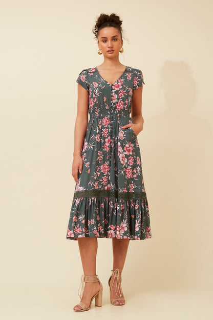 Melanie Midi Dress - Green Ash Print