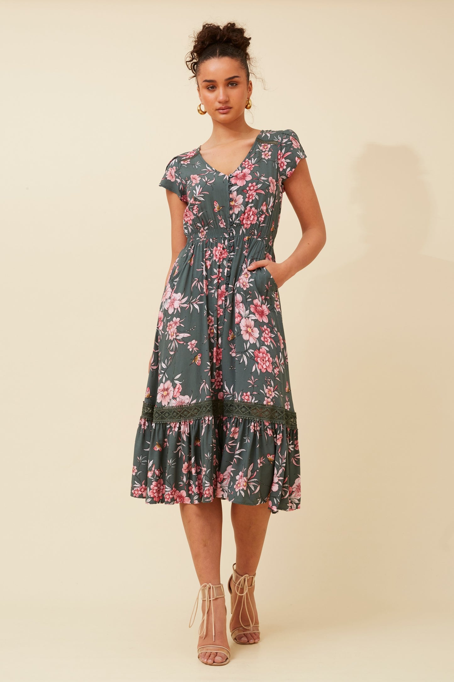 Melanie Midi Dress - Green Ash Print