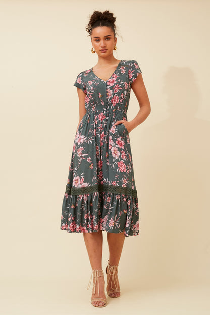 Melanie Midi Dress - Green Ash Print