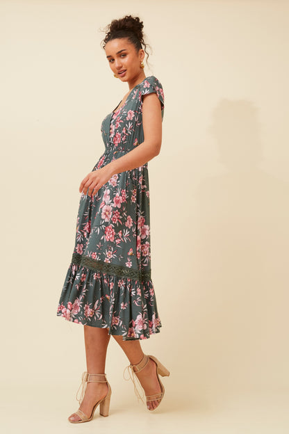 Melanie Midi Dress - Green Ash Print
