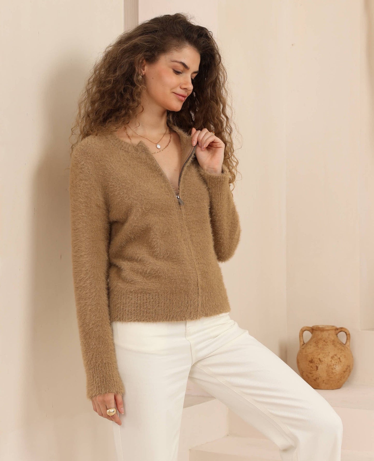Paisley Zip Up Cardigan - Camel