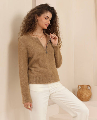 Paisley Zip Up Cardigan - Camel