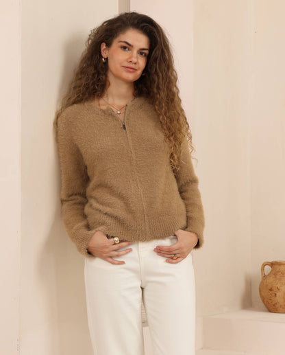 Paisley Zip Up Cardigan - Camel