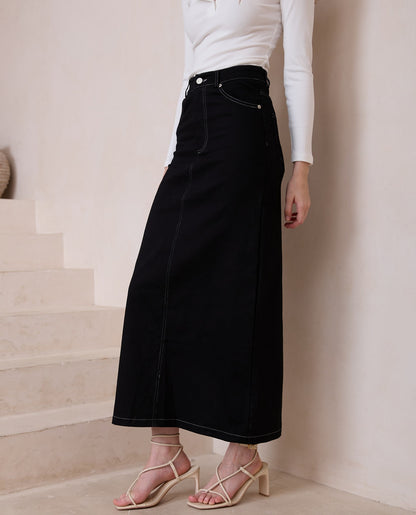 Pia Denim Maxi Skirt - Black