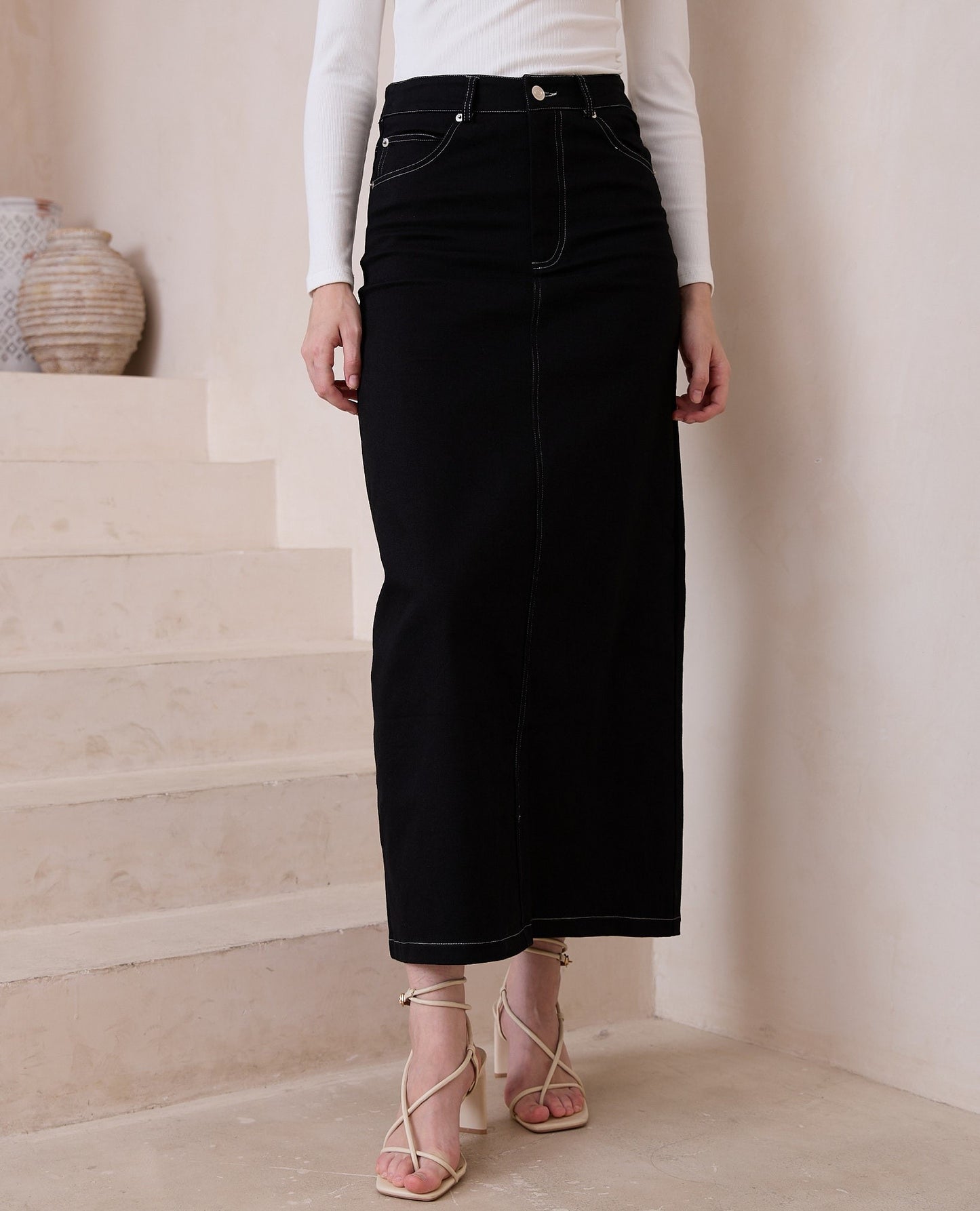 Pia Denim Maxi Skirt - Black