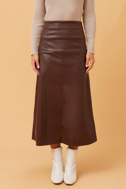 Sophie Faux Leather Midi Skirt - Chocolate