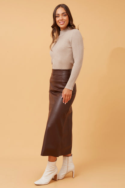 Sophie Faux Leather Midi Skirt - Chocolate