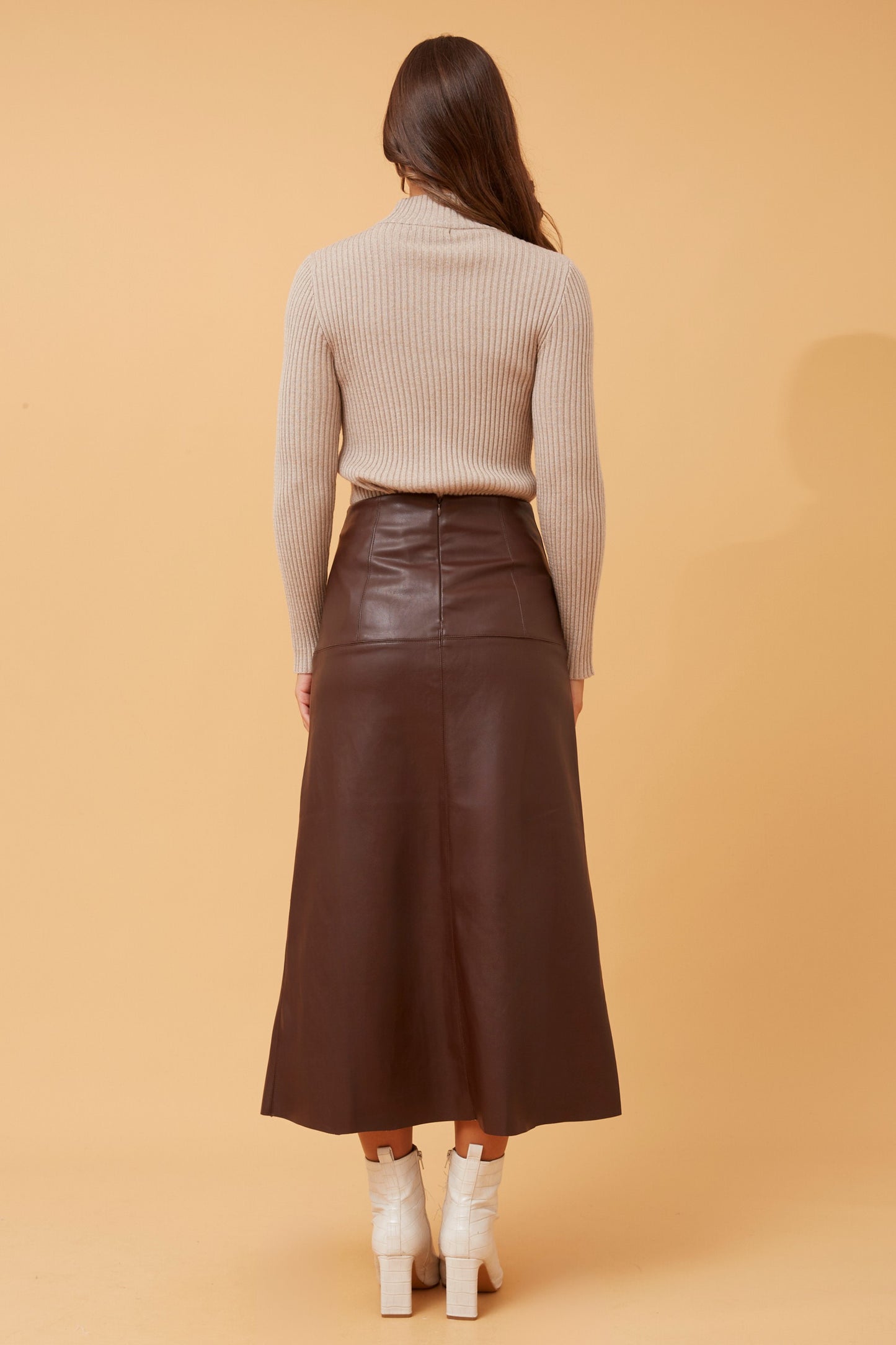 Sophie Faux Leather Midi Skirt - Chocolate