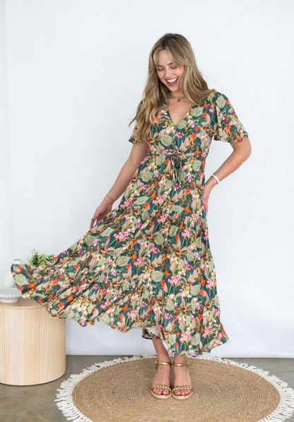 Selma Maxi Dress - Green Tropical Print