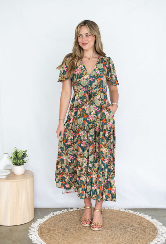 Selma Maxi Dress - Green Tropical Print